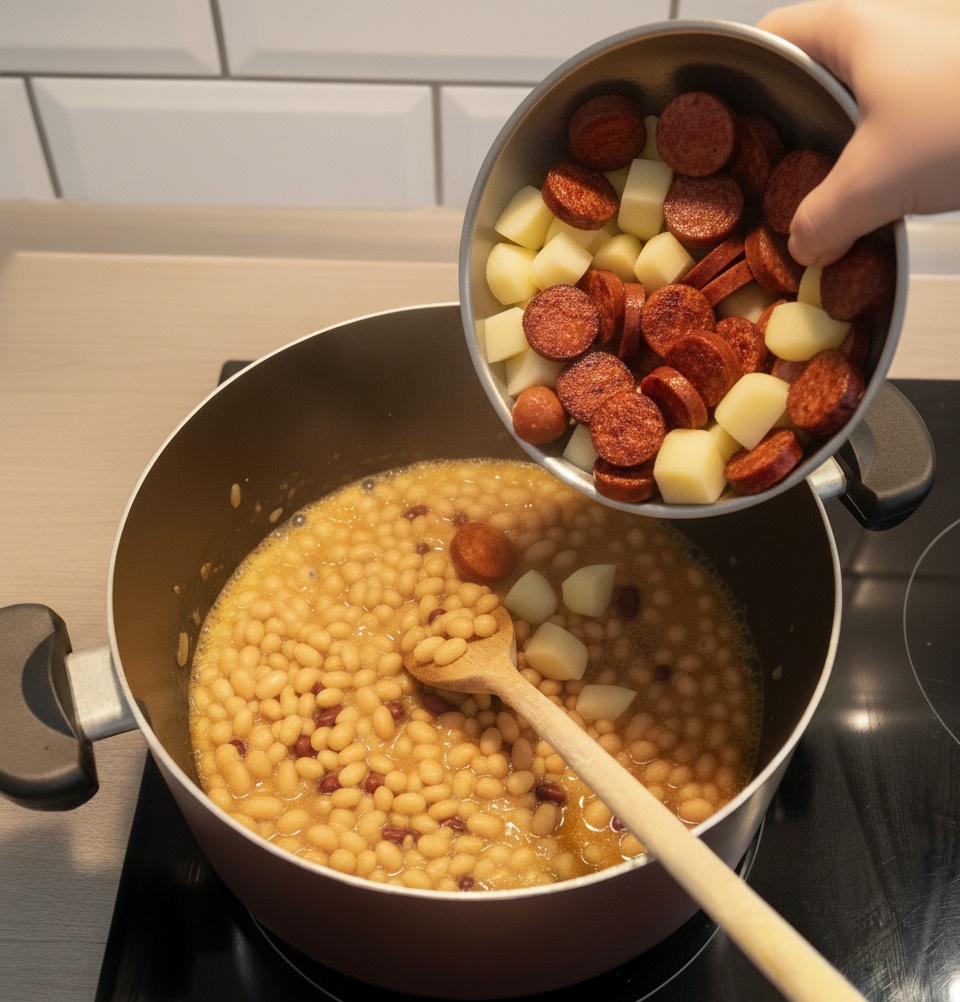 Pridanie klobásy a zemiakov